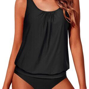 Yonique Women's 2 Piece Black Tankini Modest Loose fit Swimwear Size: 20 Plus